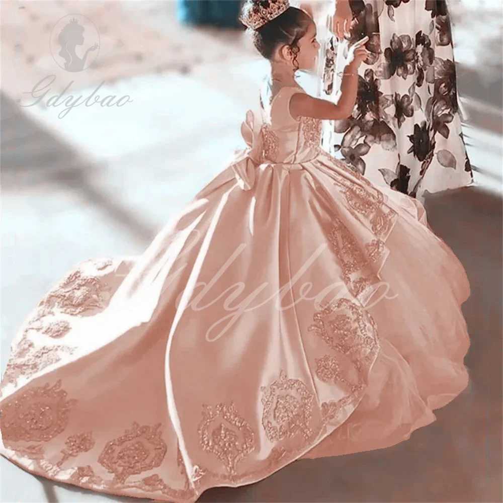 Flower girl dress childrens dress with beads girls long dress birthday dress lace back satin dress formal dress W250326