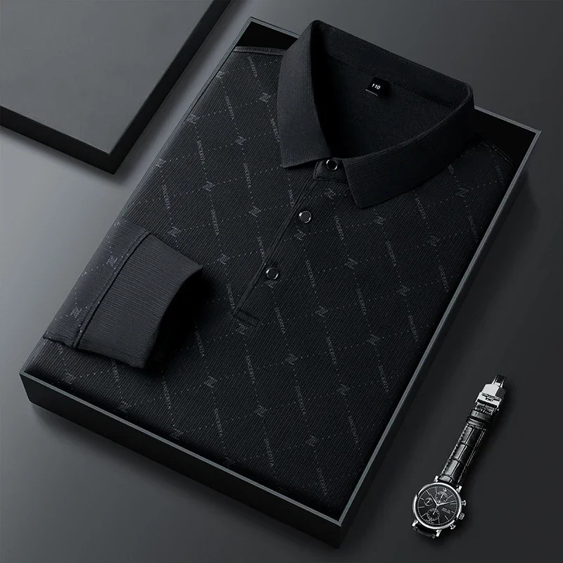 mens business casual long sleeved shirt with badge solid color polo fashionable breathable and comfortable lapel top 250326