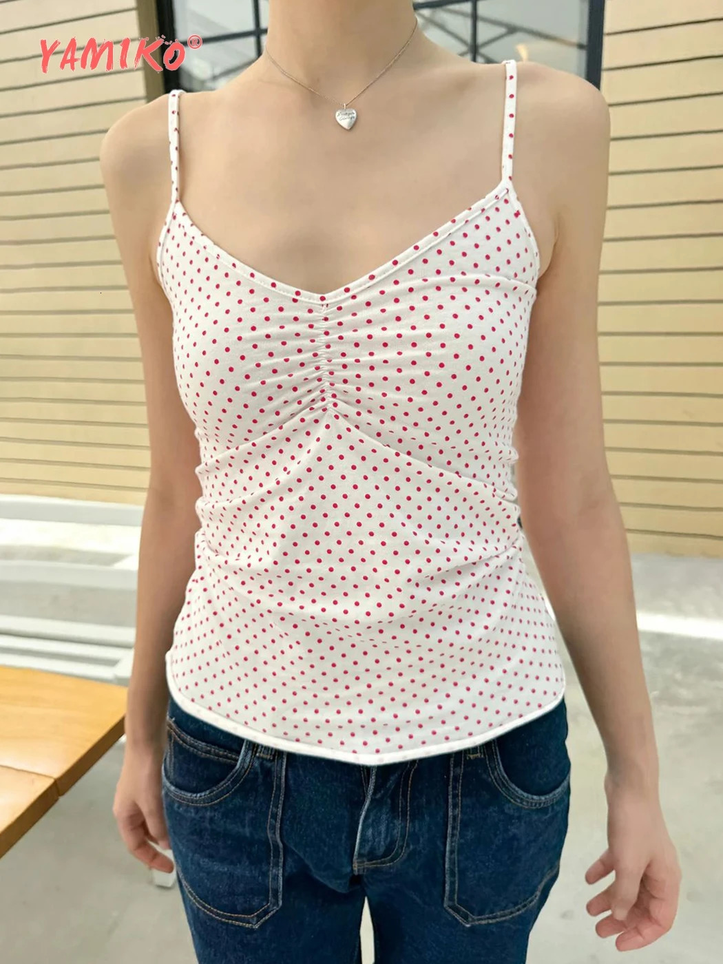Polka polka dot pleated hem rolled hem Camisol womens summer 2000s Y2K clothing sexy vest top young trendy top 250321