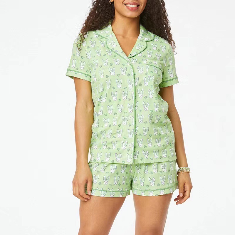 Spring and summer short sleeved casual printed cardigan women's thin home clothing