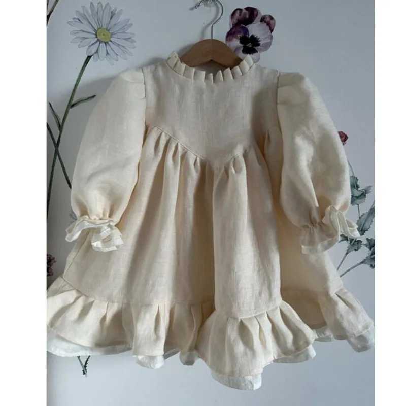 Spring Toddler Large A-line Girl Dress Linen Dress Girl Puff Sleeve Princess Childrens Clothing Patch Dress 2-7Y W250326