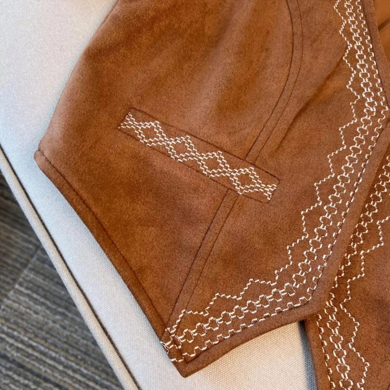 Vintage Fashion Autumn Women V-Neck Embroidery Button Casual Ethnic Style Sleeveless Loose Cardigan Short Cowboy Coats Vest Tops 250320