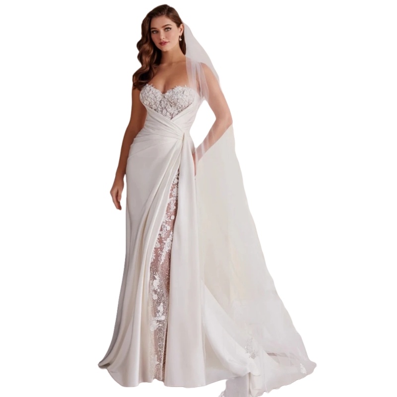 Chic Boho Wedding Dresses Side Slit Lace With Satin Sweetheart Sleeveless Long Mermaid Bridal Gown Pleats Elegant Beach Bride Dress Custom Made Vestid