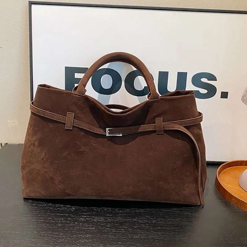 Faux Suede Brown Vintage Handbag Belt Buckle Elegant Ladies High Capacity Casual Tote Bag Top-Handle Commuter Bags For Women