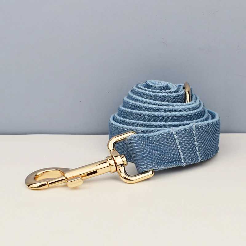 High quality custom design blue denim soft cotton pet accessories personalized dog collar belt safety bow set X250326