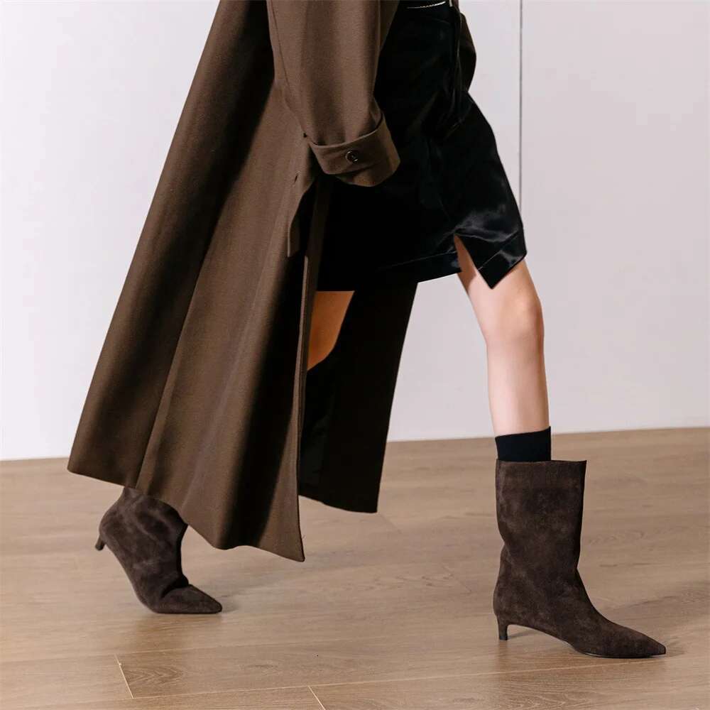 High Heel FEDONAS Sexy Women Pointed Toe Mid Calf Kitten Low Heels Warm Knight Boots Fashion Slip On Party Wedding Shoes Woman