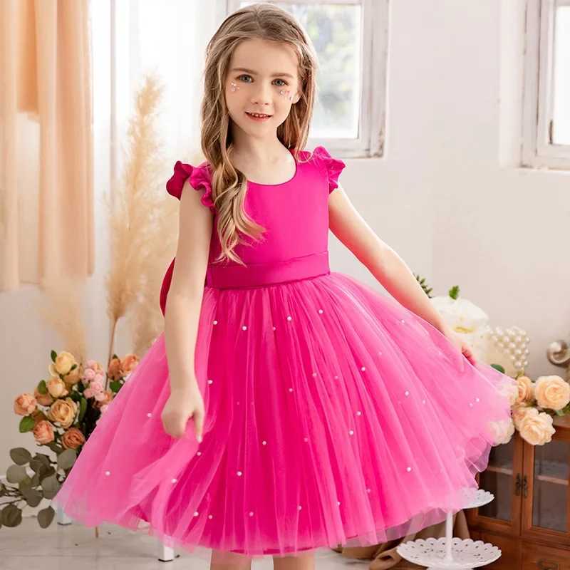 Summer girl flower birthday chiffon dress without back bow wedding dress childrens Par dress princess pink dress baby girl bow dress W250326