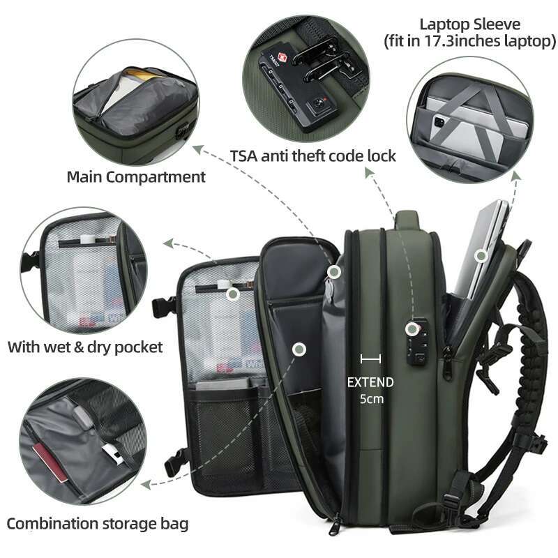 Men Travel 17 Inch Vacuum Compression Laptop Extended Large Capacity School Backpack Hiking Business Backpack