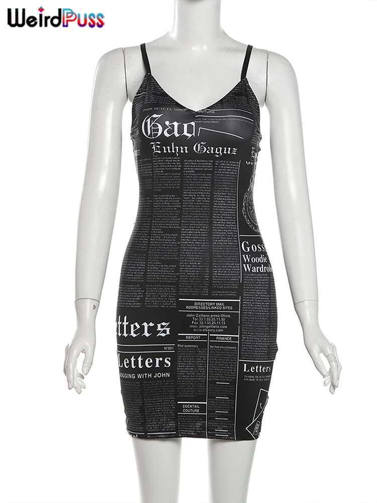 Weird Puss Letter Print Women Dress Stretch Sleeveless Hipster Summer Trend Streetwear Skinny Casual Bodycon Clubwear