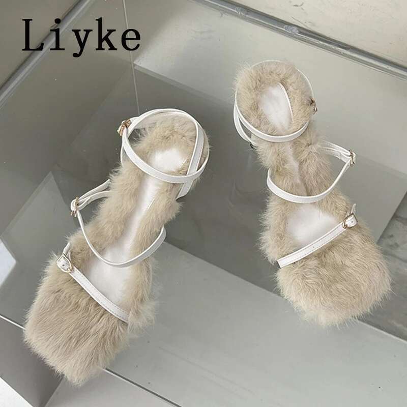 Liyke Size 35-40 Summer Party Dress Pink Sandals Women 2025 Fashion Fur Feather Thin High Heels Square Toe Buckle Strap Shoes