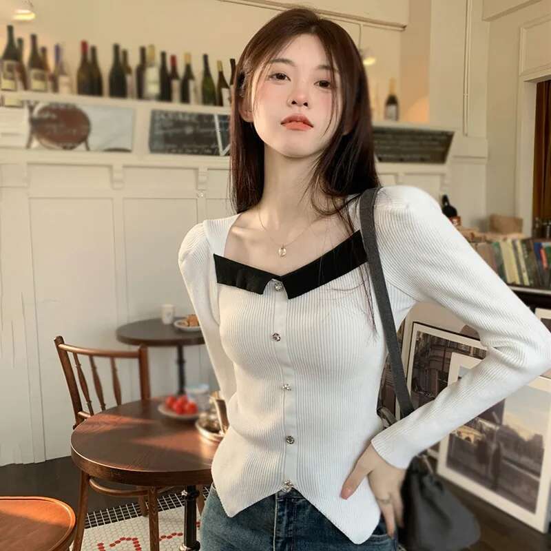 Ddmyshoesvip Women S Knitted Tops Color Contrast Irregular Slim Sexy Sweet Long Sleeves Square Neck Spring Autumn Versatile
