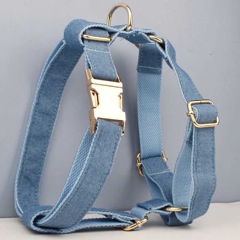 High quality custom design blue denim soft cotton pet accessories personalized dog collar belt safety bow set X250326
