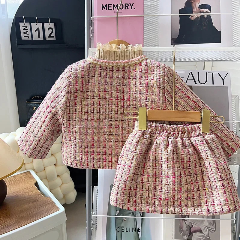 Winter Baby Girls Sets Round Collar Cotton Lining Thickened Tweed Jacket and Elastic Waist Skirt Little Girl Clothes A312 250325