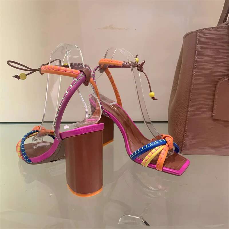 Brazil Fashion Twist Woven Color Blocking Designer Brand Women's Shoes Thick With High Heel Sandals Female Casual