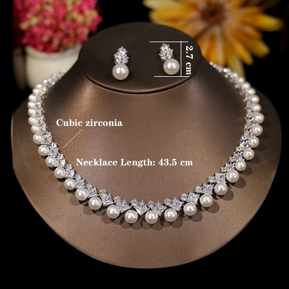 Elegant White CZ Wedding Accessories for Women Brides Classic Round Pearl Necklace and Earrings Costume Jewelry Sets X0482 250318