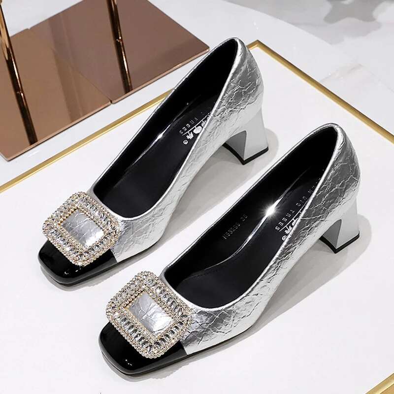 BIGTREE Fashion Metal Crystal Splice Women Pumps Kitten Thick Heel Elegant Party Ladies Shoes atos De Mujer