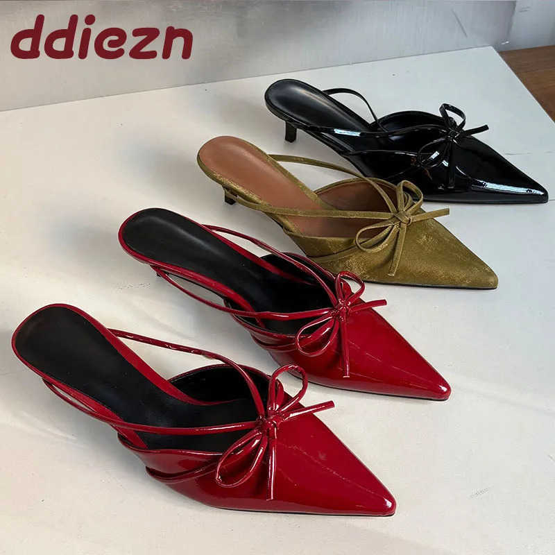 Low Heel Footwear Pumps Slides Shoes For Wen Mes Pointed Toe Ladies Heel Shoes 2025 Fashion -Knot Fem Slippers Z250326
