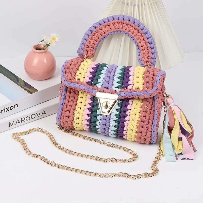Women's Hot Selg Hand Crocheted Cloth Strip Woven Skew Cross Rainbow Color Shoulder Bag Designer Handbag