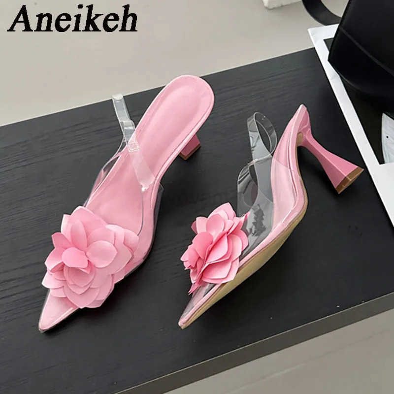 Aneikeh Wens Silk Flower Decorative Single Shoes 2025 Sexy Transparent PVC Pointed Slingbacks High H Par Dress Zapatos Z250326