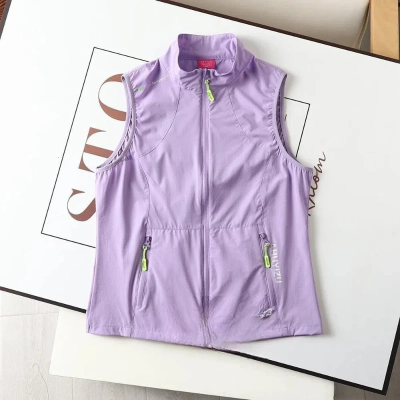 Korean Summer Womens Elastic Tank Top Solid Stand Collar Zipper Pocket Outdoor Sports and Leisure Loose Sleeveless Cardigan Top 250320