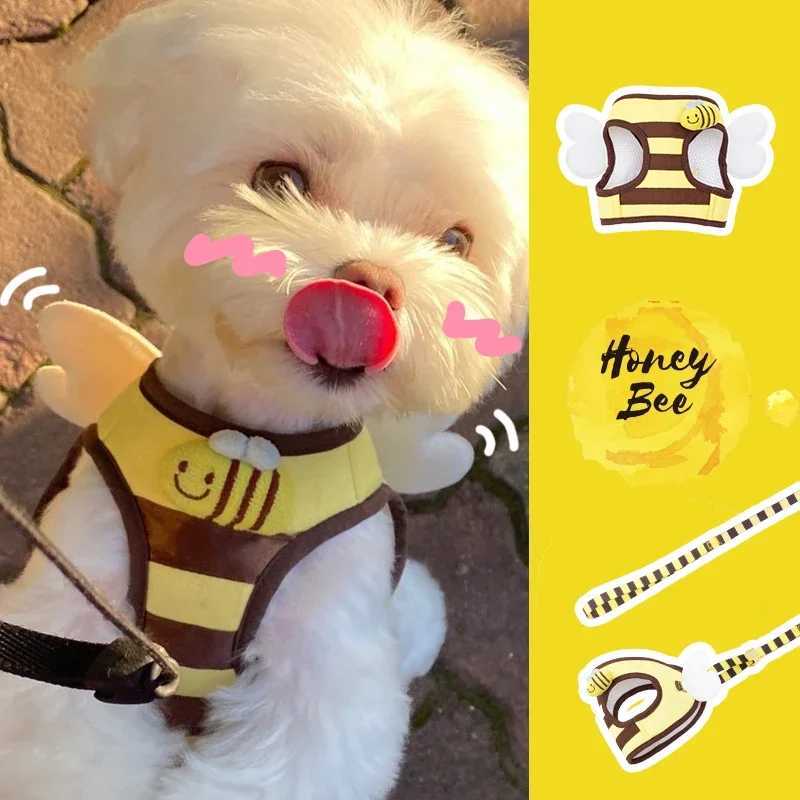 Cute bee kitten puppy harness and belt set soft and breathable dog vest harness LED puppy pet clothing X250326