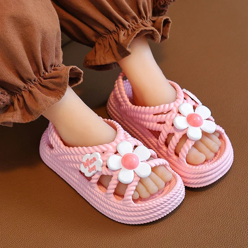 Summer Cute Flower Children Slippers Lithe Comfort Sandal For Girls Baby Non-slip Seabeach Flip Flops Home Kids Shoes 250326