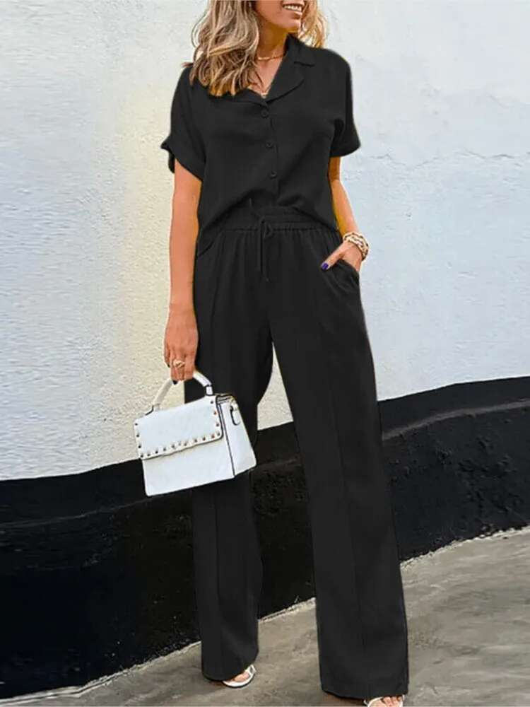 2025 Summer New Women Two Piece Sets Solid Color Short Sleeve Lapel Button Wide Leg Suit Female Fashion Casual Ladies Outfits