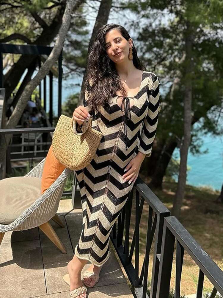 Fashion Knitted Striped Lace Up Maxi Dress For Women Chic V-Neck Hollow Out Bodycon Female Dresses Summer Beach Lady Robes