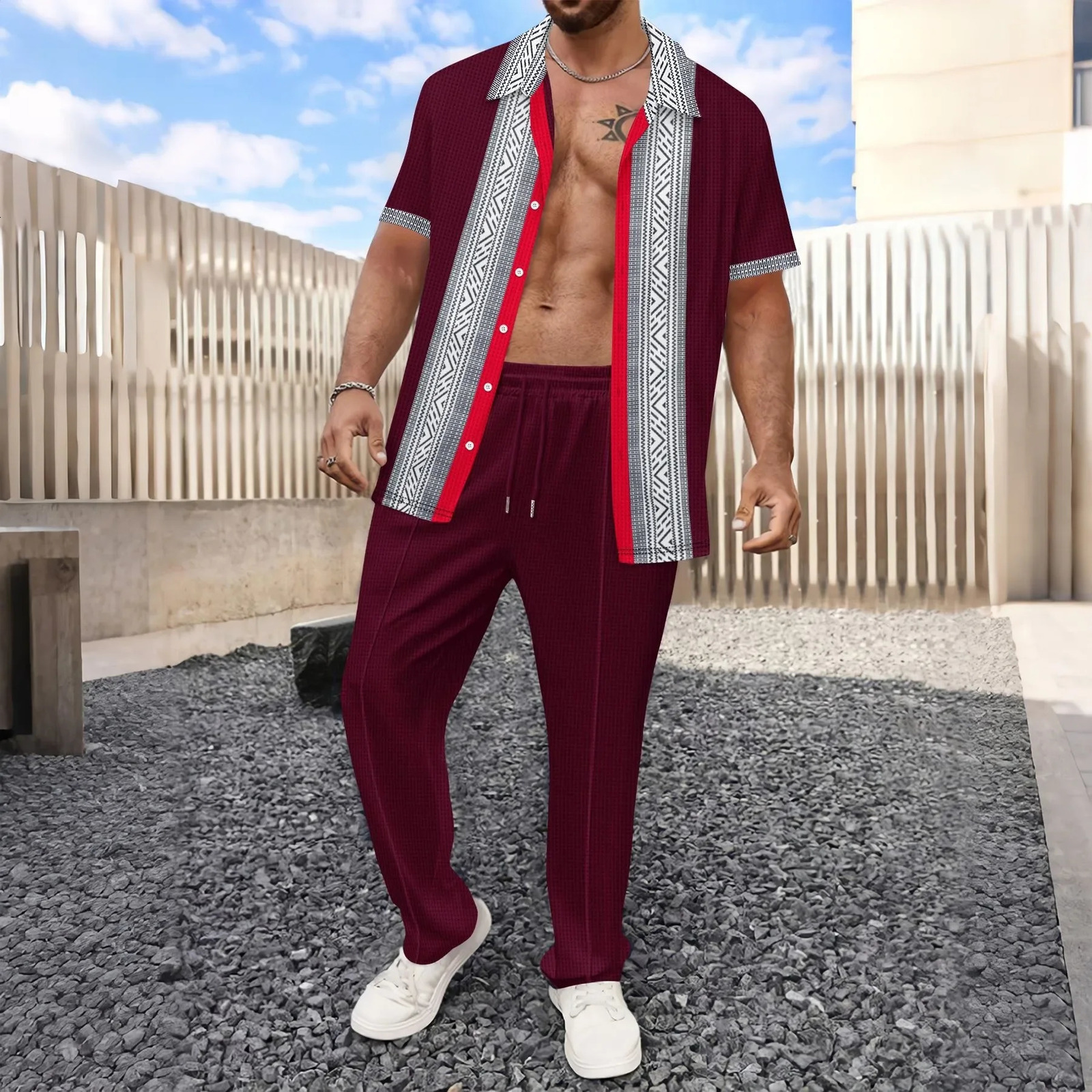 crossborder mens casual European and American waffle shirt short sleeved twopiece Trouser set sportswear for summer 2025 250326