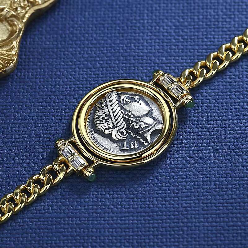 Pure sier gold-plated ancient Roman coin bracelet for women's jewelry