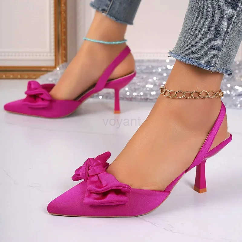 2024 Wens Shoes Summer New Sle Bow Wens Slingback High H Sexy Dress Stiletto Pointed Toe Wens High H Wen Z250326