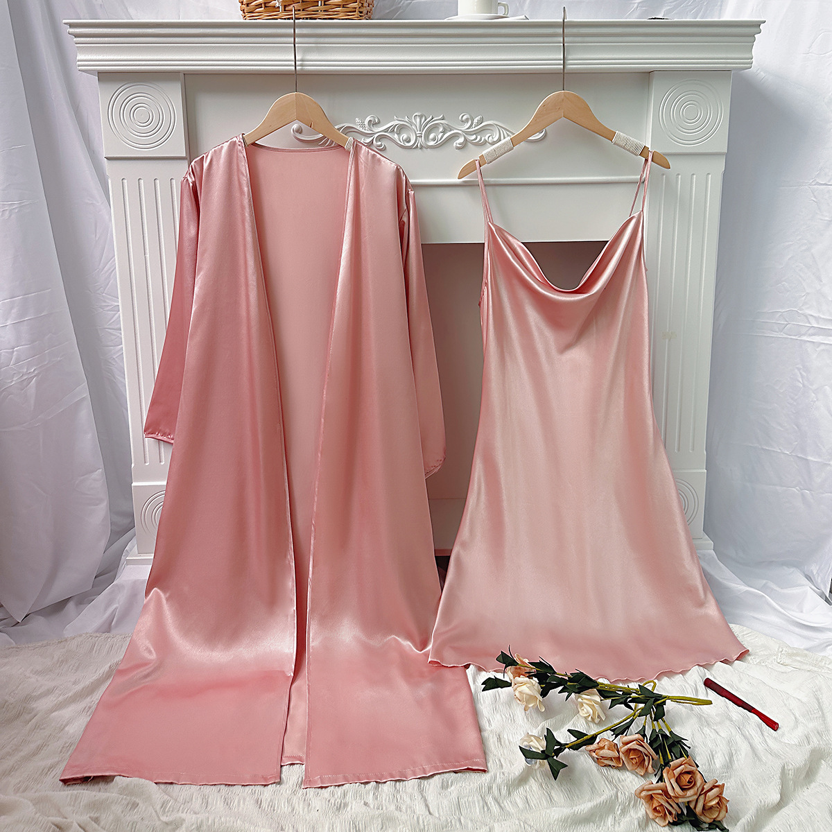 Spring style sexy warm women's home clothes, camisole nightgown, mid to length nightgown set, spring and summer long sleeved pajamas