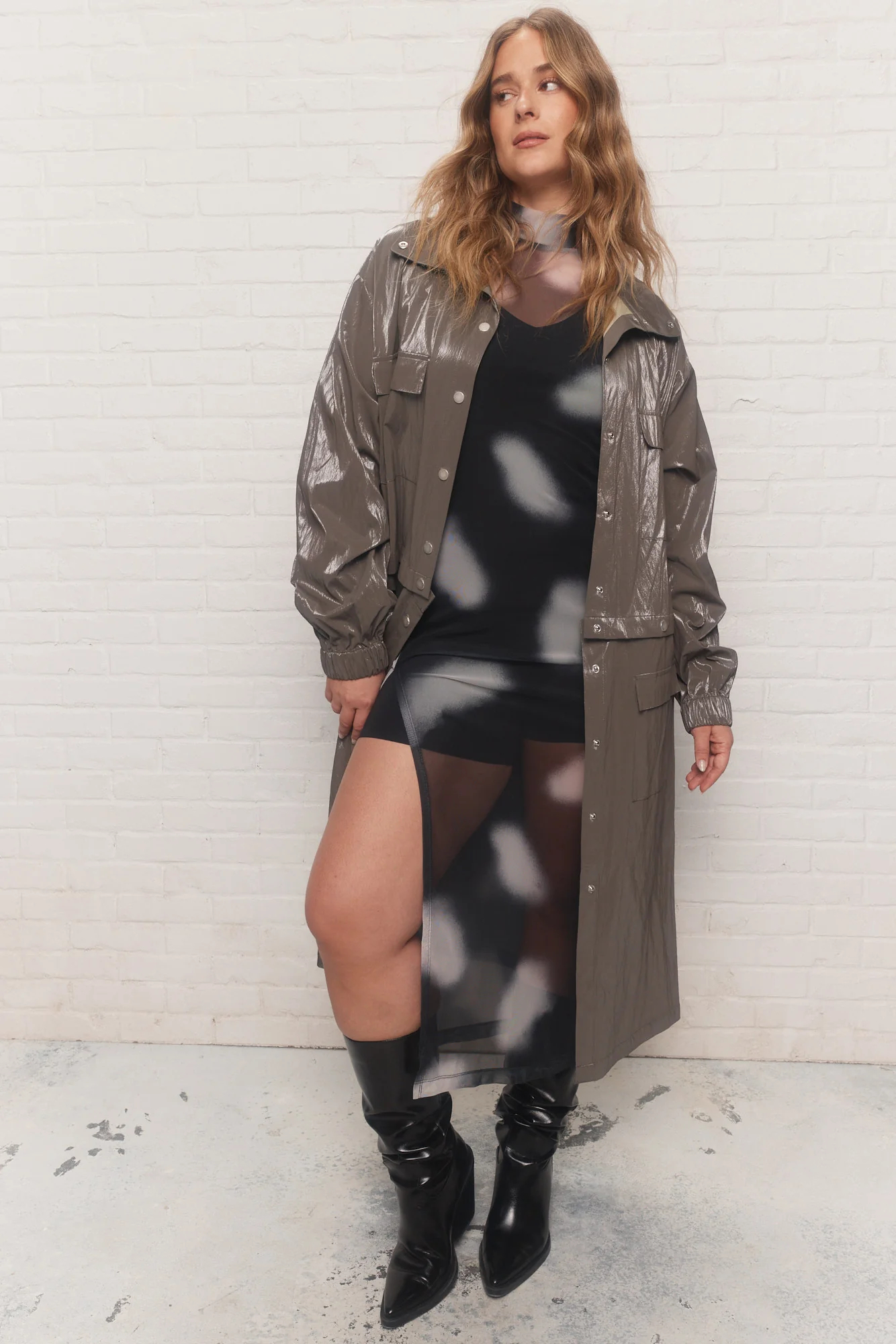 Women's Black Tie-dye Print Sheer Midi Dress Casual Street Style Mesh Fabric Fitted Dress Long Sleeves High Neckline Asymmetrical Side Slit