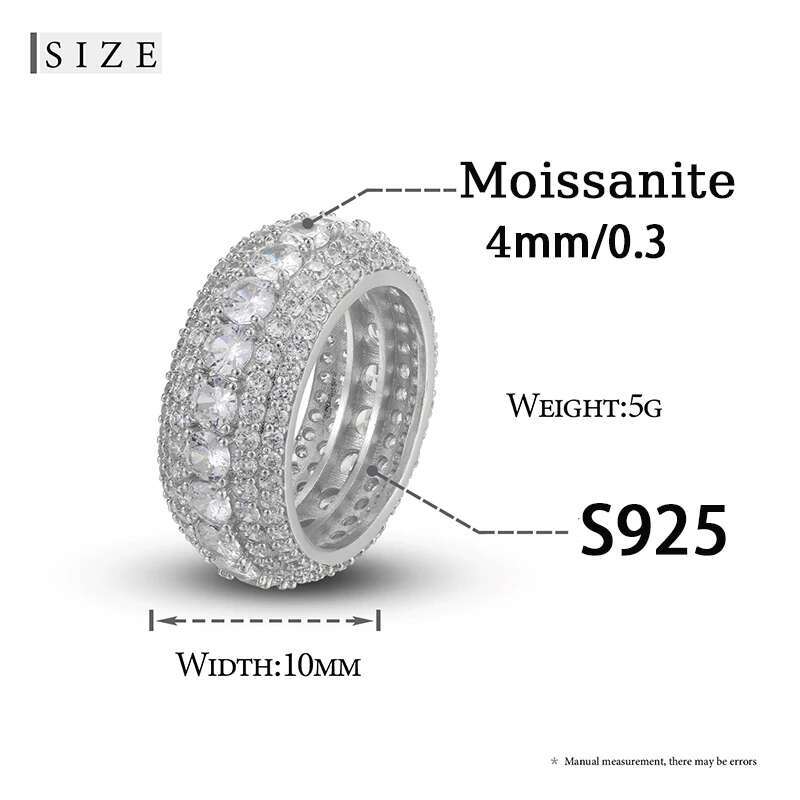 10mm Hip Hop/Rock Bling Moissanite Rings For Men Hip Hop Jewelry Sterling Silver 925 Luxury Rings