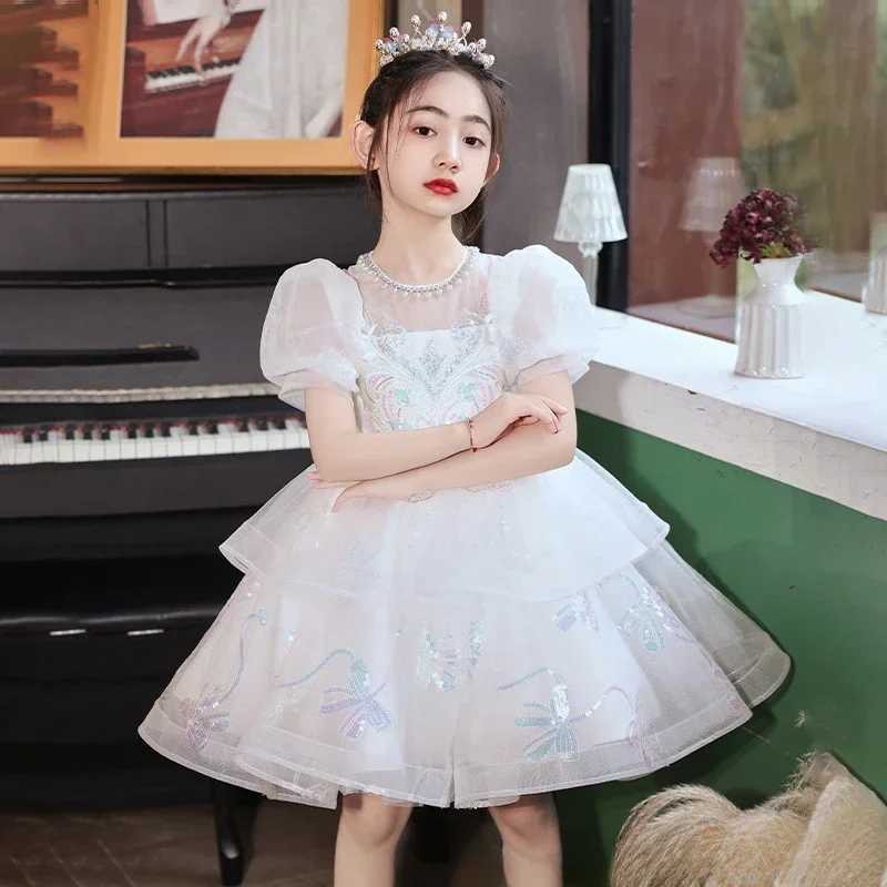 High end floral girl dress with elegant puff sleeves childrens high-dimensional Vestidados princess sequin wedding Christmas Par dress W250326