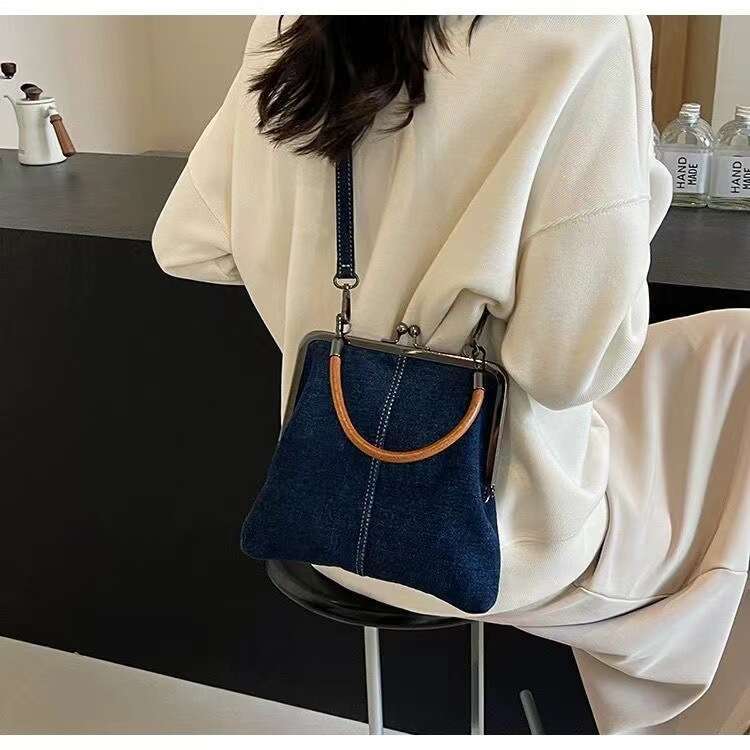 2024 autumn new women's handbag handmade denim splicing hand-held crossbody small shoulder bag