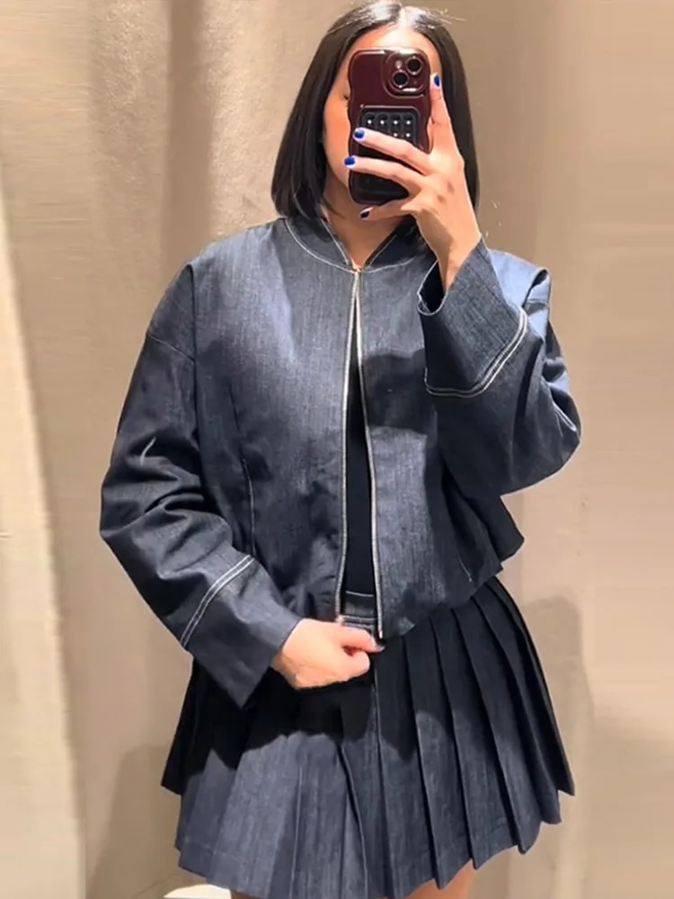 Elegant denim 2piece set for womens casual loose zipper jacket pleated mini leather 2025 fashion street solid 250318