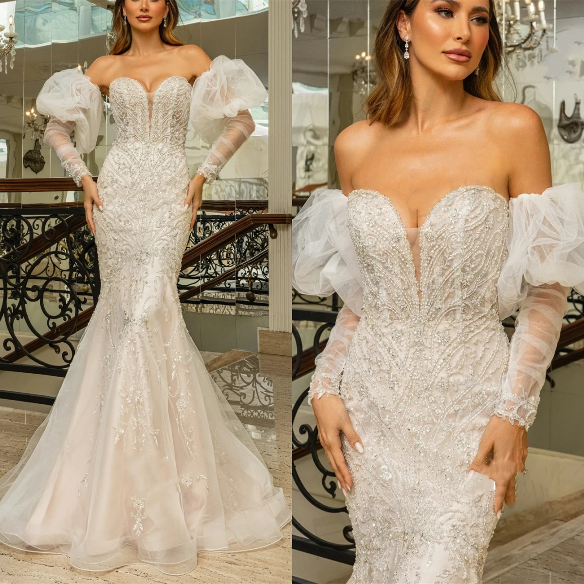 Illusion Mermaid Wedding Dress Sweetheart Neck Removable Sleeves Bridal Gowns Appliques Sequins Sweep Train Dresses Custom Made vestidos de novia