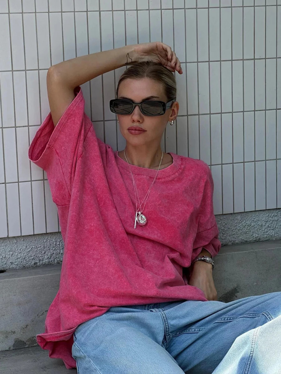 Zjaiss 100% pure cotton retro T-shirt for women retro short sleeved batik T-shirt solid color hip-hop loose T-shirt 250321