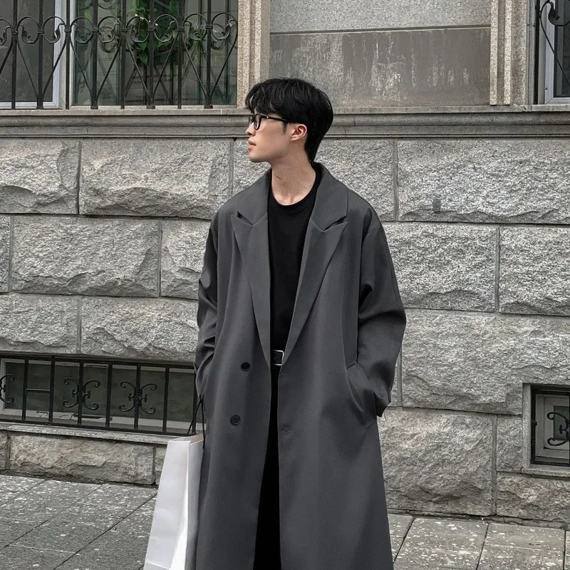 Autumn Coats loose mid length knee thin windproof machine handsome shoulder pad set mens trench coat jacket 250324