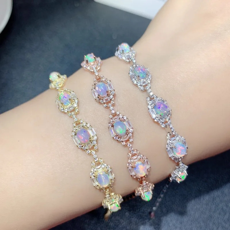 Opal Charm Bracelet 4 * 5MM Natural Colored Gemstones Exquisite Jewelry Womens Anniversary Gift 925 Pure Silver 250326