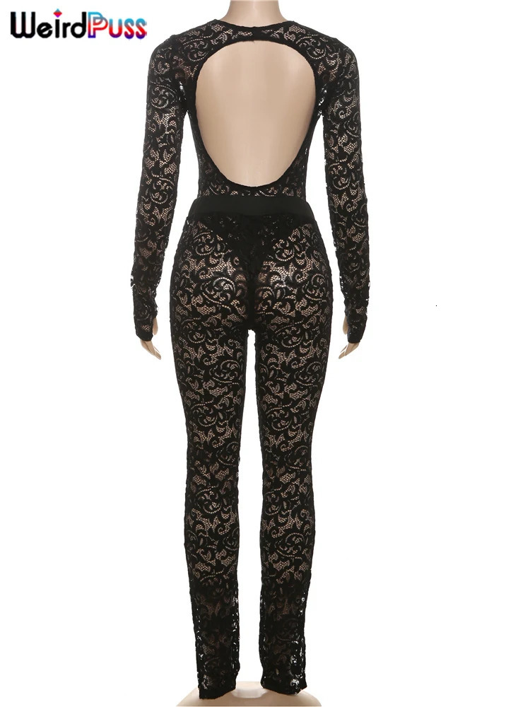 Weird Puss See Through 2 Piece Set Women Sexy Hollow Jacquard Backless BodysuitLeggings Tight Activity Clubwear Skinny Outfits 250325