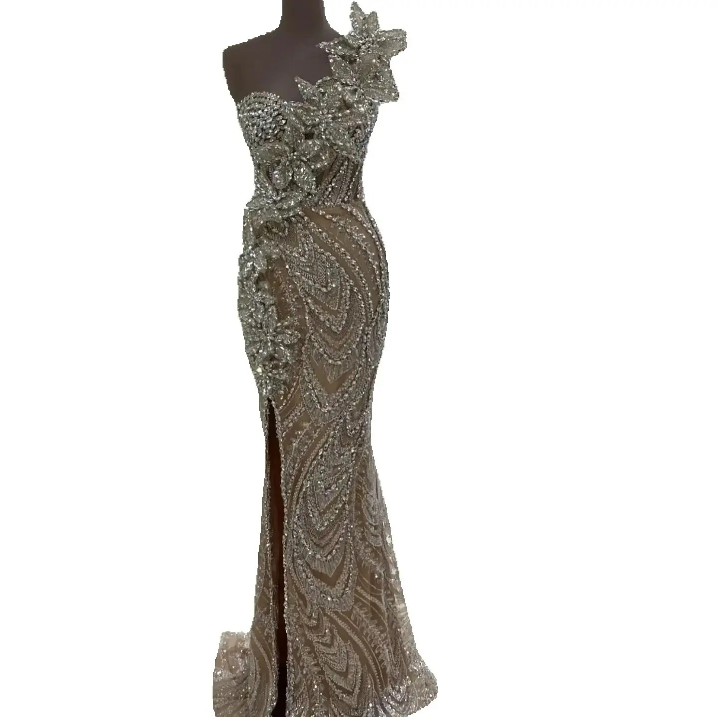 Sexy Arabic Strapless Evening Dress Customized Mermaid Crystals 3D Flower Long Prom Dresses Robe Split Side Beads Party Gowns