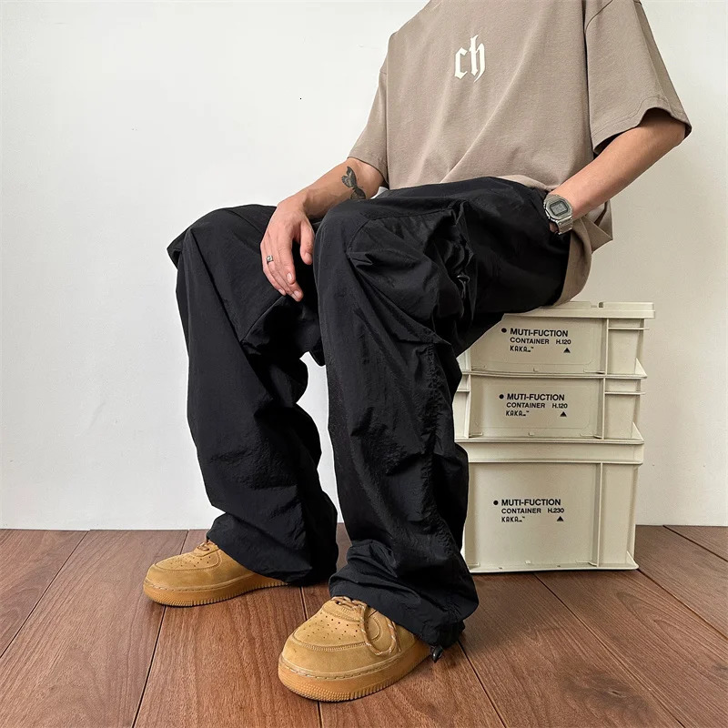 Summer thin pants mens fashion pocket cargo pants mens Japanese streetwear hip-hop loose straight pants mens oversized mens pants 250324