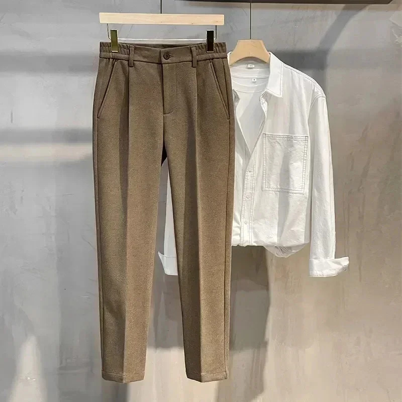 Autumn and winter mens wool suit pants Korean fashion ultrathin straight elastic waist formal business tapered brown Trouser 250326