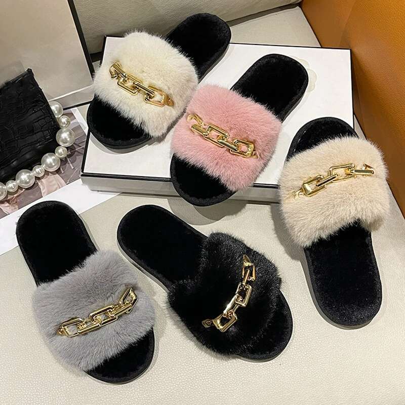 2025 New Fluffy Slippers Home Leisure Chain Designer Fashion Shoes Indoor Platform Plush Slide Girl