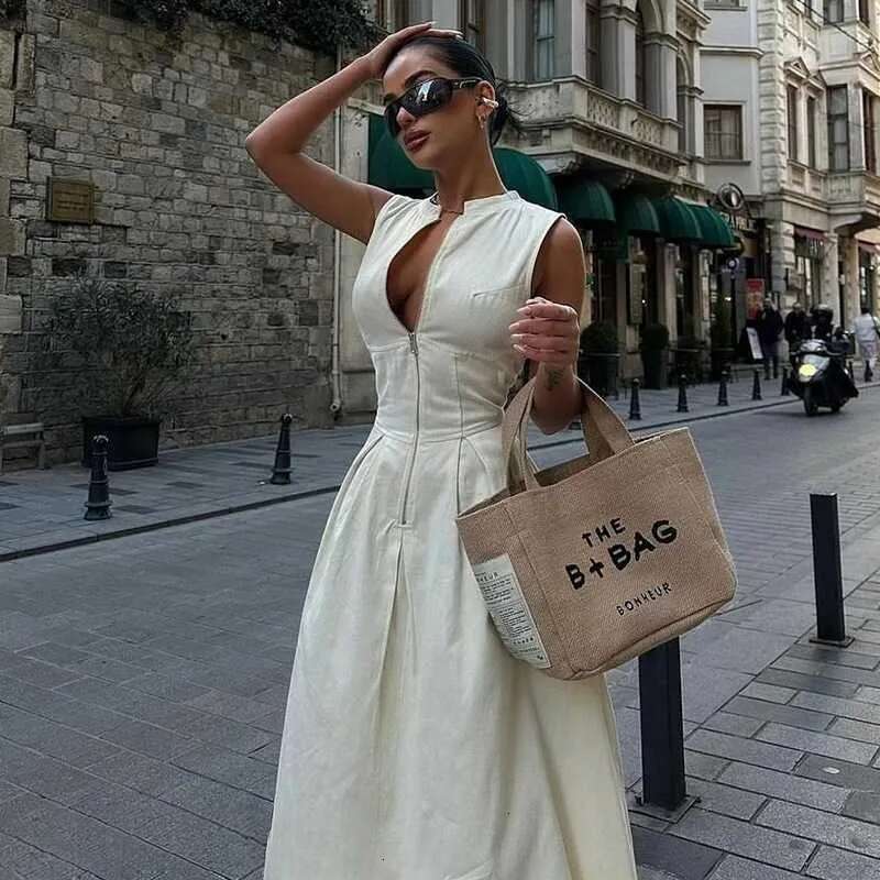 Designer Summer New Style Zipper Waist Pocket Long Solid Color Sleeveless Dress G05