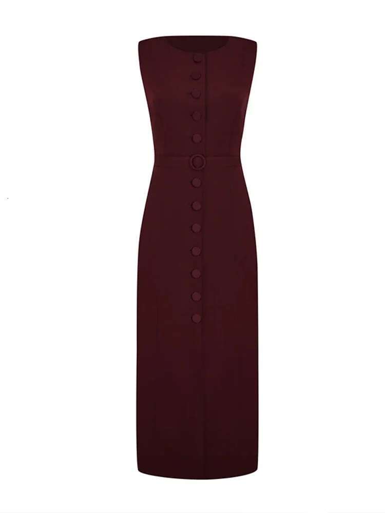 Elegant Single Breasted Sleeveless Midi Dress Women Belts O-Neck Slim Solid Dresses Spring New Chic Commute Lady Split Robe