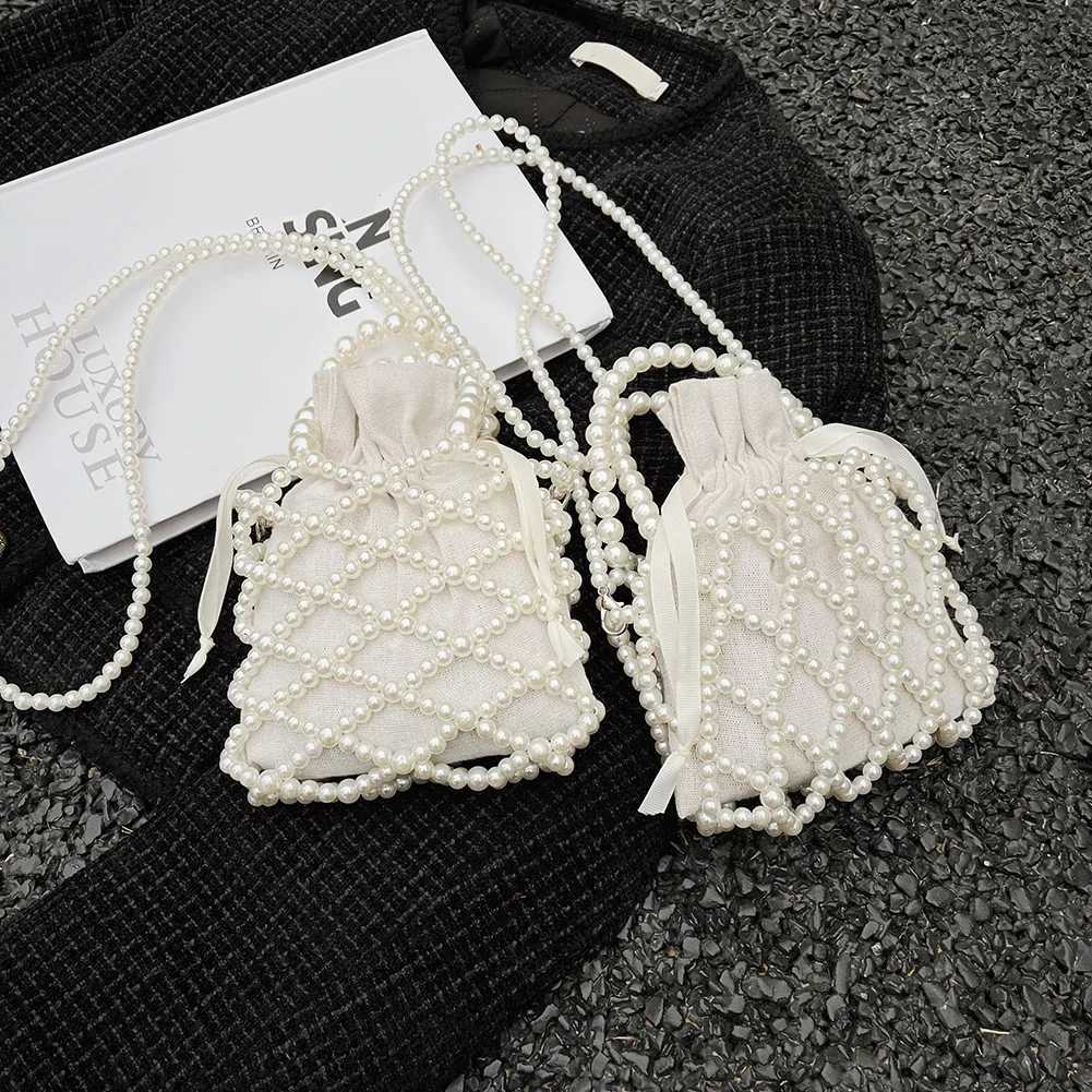 Women Handbags Handmade Pearl Woven Ladies Bucket Tote Bag Exquisite Elegant Fashion Casual Drawstring Female Coin PurseC250326