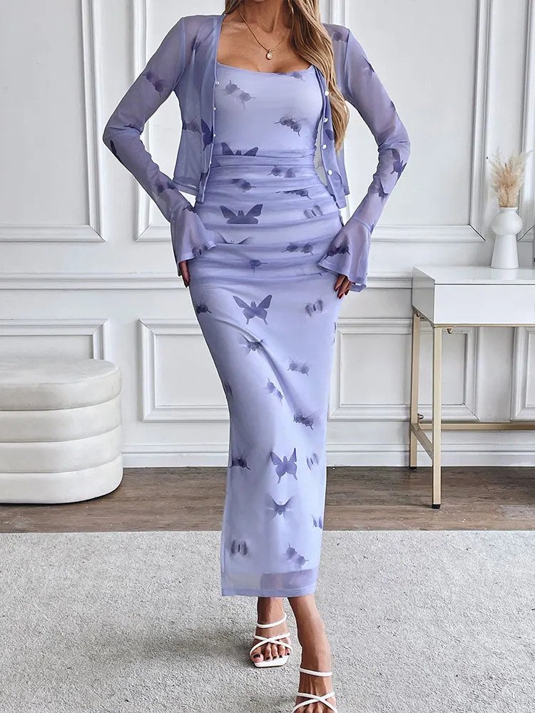 Sling Women Dresses Spring Long Sleeves Shawl Sexy Two Piece Fashion Casual Slim Lady Print Elegant Knitted Clothing 250318